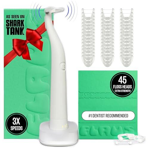 FLAUS Hilo dental eléctrico (tejido extrafuerte), Shark Tank + lista de Oprah, alternativa al hilo dental de agua, removedor de placa para adultos, hilo dental fácil de vibrar, goma de mascar portátil