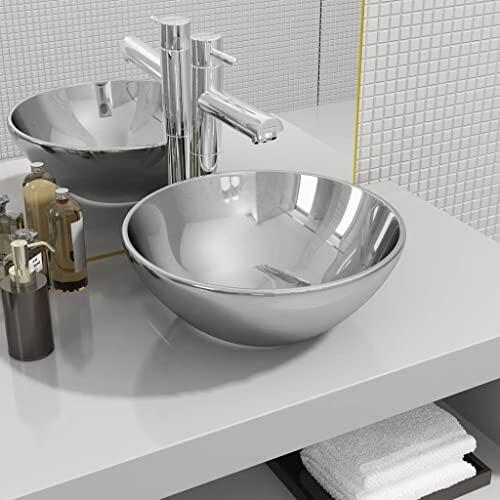 Lavabo redondo de cerámica plateado 32,5 x 14 cm para pequeños invitados inodoro lavabo de diseño moderno fácil de limpiar para baño y sala de maquillaje
