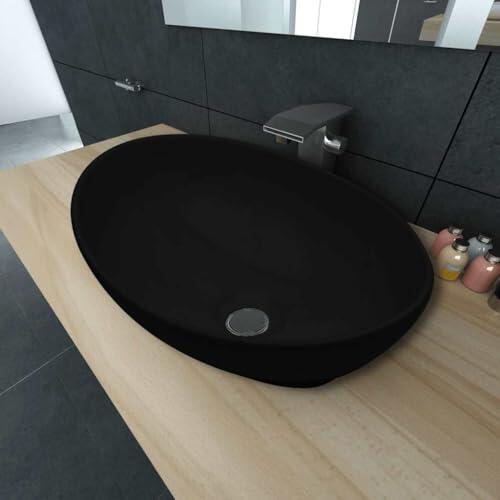 Lavabo de cerámica ovalado negro 40 x 33 cm lavabo pequeño inodoro moderno elegante para baño y sala de maquillaje, fácil limpieza