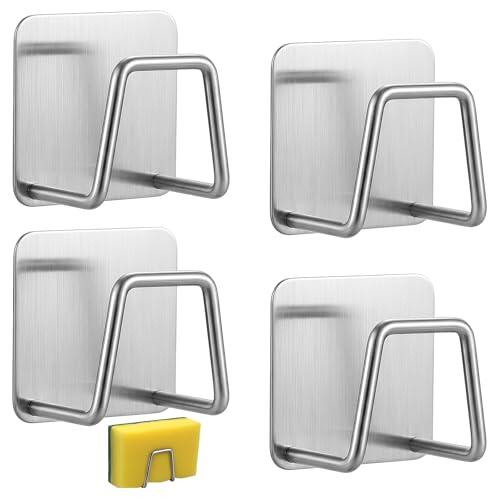 4 Piezas Soporte Estropajo Fregadero de Acero Inoxidable, Porta Estropajos Fregadero Autoadhesivo, Organizador Fregadero Cocina para Esponjas y Trapos, Accesorios Fregadero Sin Taladro, Plata