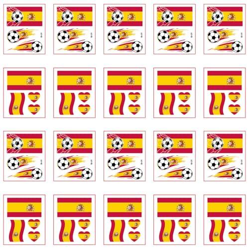 20 Hojas de Tatuajes Temporales de España, Pegatinas Bandera de España y Fútbol para Copa del Mundo, Eurocopa y Eventos Deportivos, Stickers Faciales Respetuosos con la Piel, 5x6cm