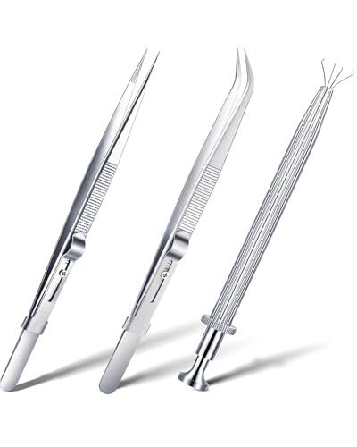 YAPKOLV Herramientas de Joyería - Set 3 Pinzas Plateadas (Recta y Curva) y Sujetagemas, de Precisión para Engaste, Reparación y Bisutería Fina, Manejo Delicado.