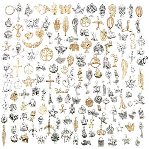 HTTDSLF 150 Piezas Abalorios para Pulseras de Bricolaje, Decoración Vintage, Abalorios Dijes, Colgantes Mixtos DIY, para Pendientes, Collares, Pulseras, Fiestas y Regalos de Boda (Oro y Plata)