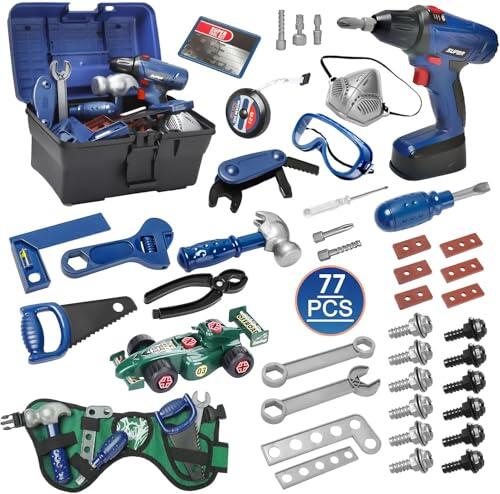 TOSUTO 77 Piezas Herramientas Juguete con Taladro Eléctrico Juguete,Caja con Taladro, Motosierra, Destornillador y Coche de Carreras Montado - para Niños - Apto para Mayores de 3 Años