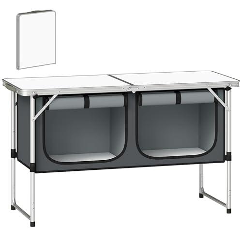 Outsunny Mesa de Cocina de Camping Plegable, Mueble de Cocina de Camping Portátil con Armario de Tela Oxford, Marco de Aluminio, para Picnic, BBQ y Actividades al Aire Libre, 120x47x70 cm, Plateado