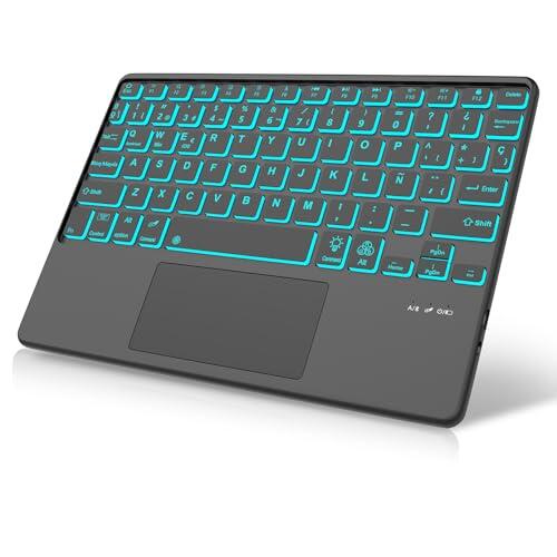 Tiiomioon Teclado Retroiluminado Español Ñ Bluetooth Inalámbrico, Teclado Trackpad Bluetooth de 10 Pulgadas Inalámbrico Portátil- Negro