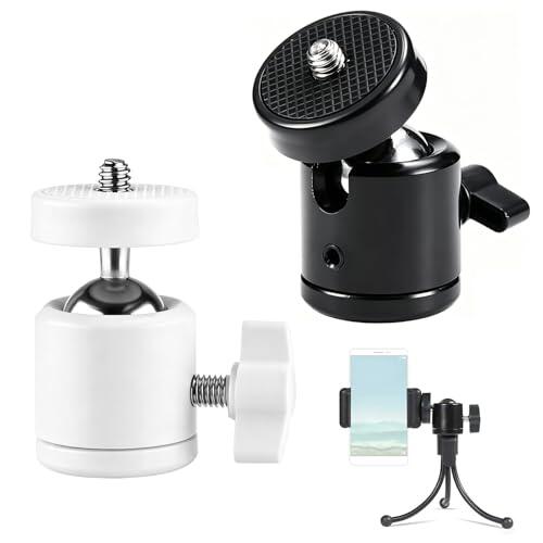 2 rótulas para trípode, color blanco y negro, de metal, con rotación de 360° e inclinación de 90°, rosca de 1/4", para cámara, DSLR, smartphone con soporte, luz LED y micrófono.