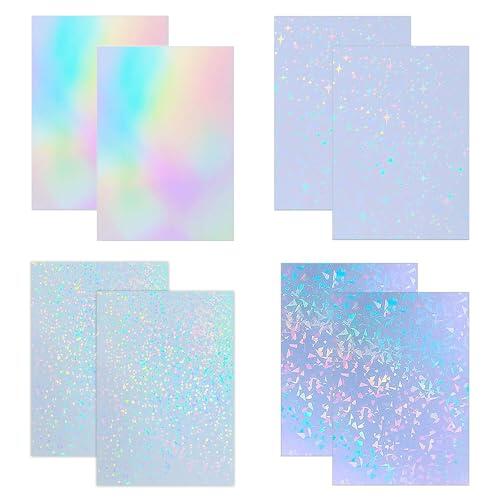 MYZWEL 8 Hojas de Vinilo Holográfico Adhesivo A4, Película de Laminación en Frío Transparente con 4 Efectos Brillantes, Papel Pegatina Impermeable para DIY Manualidades, Scrapbooking y Decoración