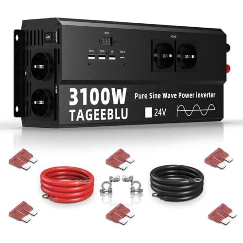 TAGEEBLU 3100W Inversor 24v 220v Onda Pura, Transformador 24v a 220v camion | con clip de cocodrilo, 4 toma de corriente UE, 3 interfaces USB-A, TypeC 30W y pantalla LCD