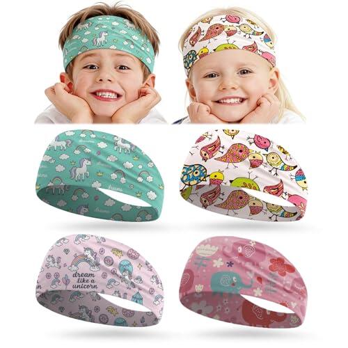 FOSDICK 4 Piezas Cinta Pelo Niña con Bonitos Estampados, Cinta Pelo Deporte Adecuada para Niñas y Niños, Diadema Elastica Niña Antideslizantes Transpirable para Correr, Montar en Bici, Cotidiano