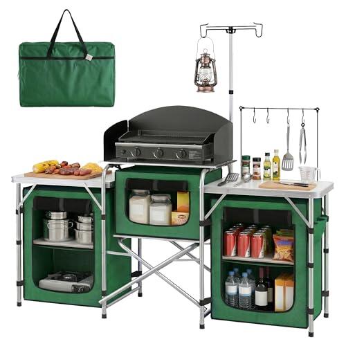 Outsunny Mueble Cocina Camping Armario Camping Plegable con Mesas Armarios Ganchos Estructura de Aluminio Poste de Luz Ajustable Paravientos y Bolsa de Transporte para Acampada 172x48x130 cm Verde