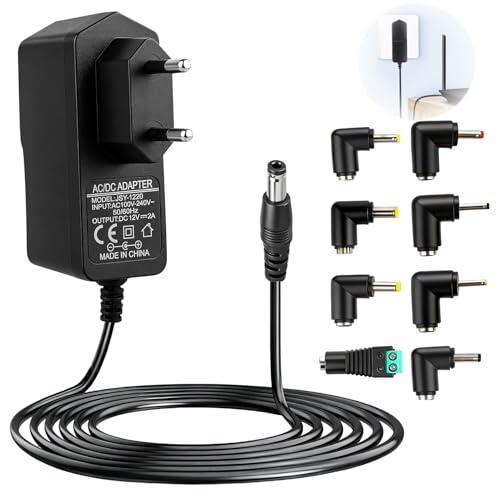 Adaptador 12V 2A Universal, Fuente de Alimentación Transformador 220V a 12V 24W con 8 Enchufes DC Fuente Alimentación 24W para Tiras LED Cámara CCTV Router WLAN Ventilador Caso Caja de TV