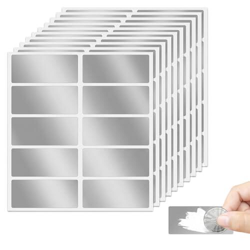 100 pegatinas para rascar de 60 x 25 mm, con 1 moneda de metal, pegatinas con película protectora para vales, sorteos, fiestas, cumpleaños (plata)