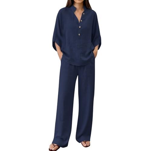 Conjunto Mujer Dos Piezas Verano Elegante Lino Chandal Casual Cómodo Blusa Manga 3/4 y Pantalones Completo Primavera Holgado Talla Grande Conjuntos Deportivos Cuello en V Playa Chándal Vacaciones
