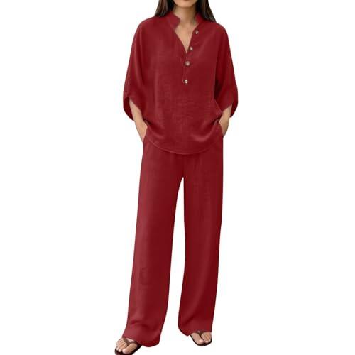 Conjunto Mujer Dos Piezas Verano Elegante Lino Chandal Casual Cómodo Blusa Manga 3/4 y Pantalones Completo Primavera Holgado Talla Grande Conjuntos Deportivos Cuello en V Playa Chándal Vacaciones