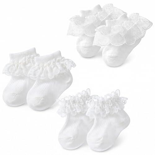 Ajcotahm 3 pares de calcetines de bebé con volantes para bebés, calcetines de encaje antideslizantes lisos con volantes, calcetines para recién nacidos, vestido de tobillo, calcetines de bautizo para