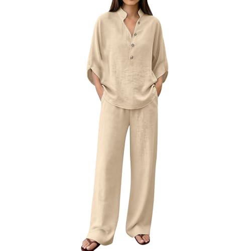 Conjunto Mujer Dos Piezas Verano Elegante Lino Chandal Casual Cómodo Blusa Manga 3/4 y Pantalones Completo Primavera Holgado Talla Grande Conjuntos Deportivos Cuello en V Playa Chándal Vacaciones