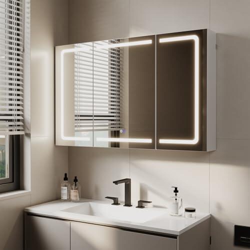 TRIUMPHKEY Armario con Espejo para Baño con Almacenaje, Tira LED de 3 Colores, Función de Calefacción Antivaho, 5 Estantes Ajustables, 120 x 15 x 75 cm, Blanco