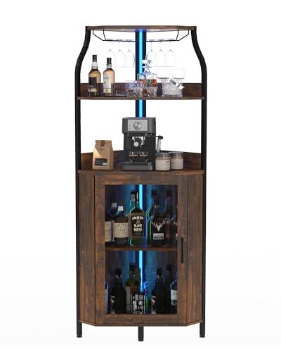 Armario de Vino Esquinero con Luces LED, Mueble Bar Industrial de 5 Niveles, Toma de carga lateral, Puerta de vidrio, estantes ajustables y soporte para copas, ideal para salón o comedor, Marrón