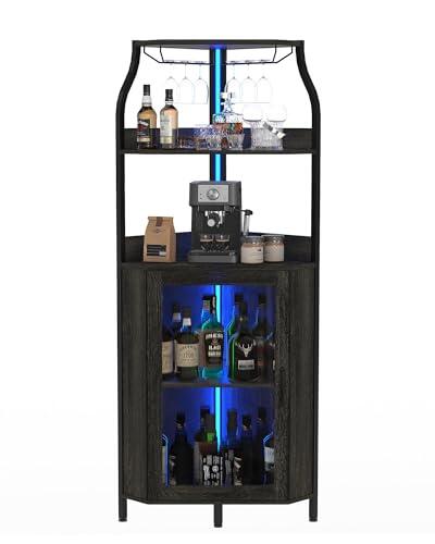 Armario de Vino Esquinero con Luces LED, Mueble Bar Industrial de 5 Niveles, Toma de carga lateral, Puerta de vidrio, estantes ajustables y soporte para copas, ideal para salón o comedor, Negro