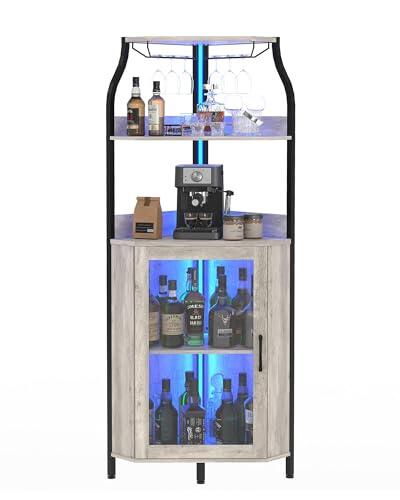 Armario de Vino Esquinero con Luces LED, Mueble Bar Industrial de 5 Niveles, Toma de carga lateral, Puerta de vidrio, estantes ajustables y soporte para copas, ideal para salón o comedor, Gris