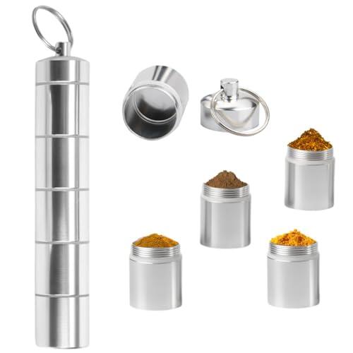 EVBOTGEE Mini especiero 5 en 1 pastillero llavero, mini salero para viajes, camping, especias, juego ligero de aluminio para barbacoa, viajes y cocina, 139 mm x 25 mm