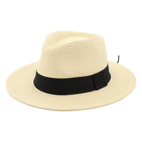 Sombrero Panamá de Verano, Sombrero de Paja Panamá para Mujer y Hombre Unisex, Sombrero de ala Ancha UPF 50 Plegable y Trenzado Intensivo (FR/ES, Números, 59, Beige Cinta Negra Simple)
