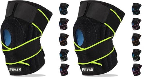 FEVAN Rodilleras Menisco y Ligamento Ajustable - Rodilleras Rotuliana Completa - Rodilleras Crossfit - Rodillera Unisex de Neopreno con Silicona (Verde Flúor/Negro) (Paquete de 2)