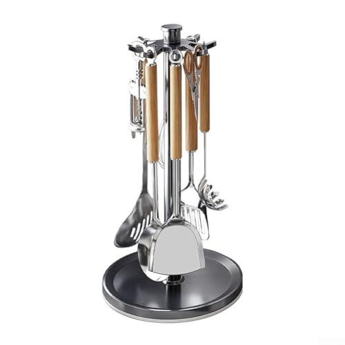 Percha giratoria para utensilios de cocina con 8 ganchos para herramientas de cocina, soporte de cuchara de aluminio, base giratoria de 360 grados para encimera (negro)