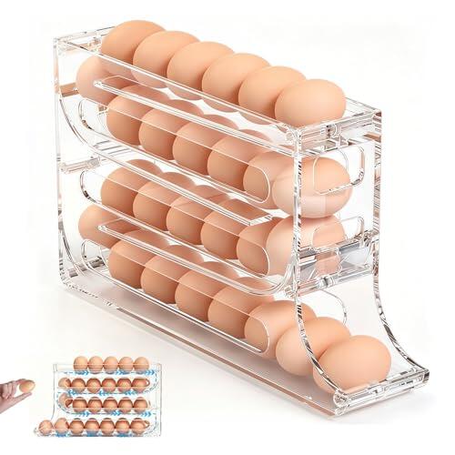 Huevera para Nevera Organizador de Huevos Automático de 4 Niveles, Gran Capacidad 30 Huevo, Porta Huevos para Nevera Diseño Ahorra Espacio para Cocina y Refrigerador, Fácil Acceso y Organización