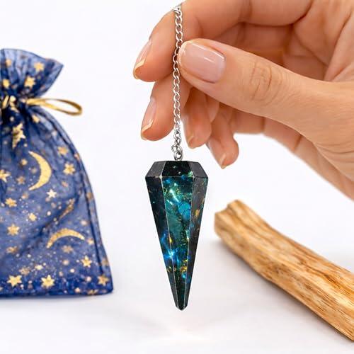 ME HECHIZAS TU Péndulo de Labradorita Natural con Madera de Palo Santo y Bolsa de Almacenamiento, Herramienta de Radiestesia y Meditación para Tarot, Reiki y Sanación Espiritual, Cristal Auténtico.
