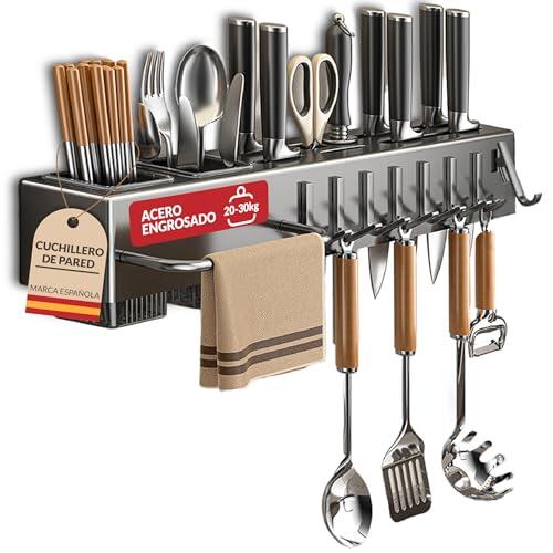 Organizador de cocina - cuchillero de pared - soporte para utensilios de cocina con ganchos y portacubiertos - organizador multifuncional ahorra espacio