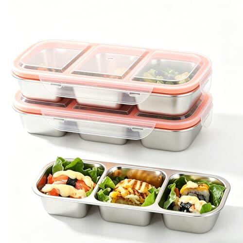 SINAYREK Pack de 2 cajas para snacks con 3 compartimentos, inox 600 ml, tapa antifugas, apta lavavajillas. Para niños, colegio, oficina, camping, fruta, ensalada, aperitivos