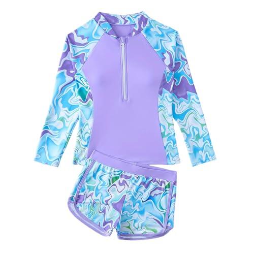 Generisch Traje de baño infantil para niñas de dos piezas con parte superior de manga larga y pantalones cortos de baño traje de baño con cremallera frontal tamaños 130 a 160 multicolor para playa