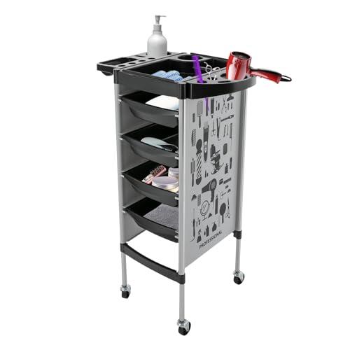 Carrito de salón de 5 niveles con 4 cajones y estante plegable, capacidad de carga de 33,1 libras por nivel, carrito de peluquería móvil de acero inoxidable y plástico, ruedas universales silenciosas