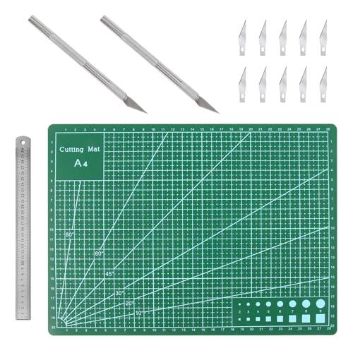 LEIMEND Tapete de Corte Autocurativo A4 Base de Corte de Doble Cara Cutting Mat con Regla de Acero con 2 Bisturí de Corte y 10 Cuchillas de Repuesto para Manualidades y Álbum de Recortes