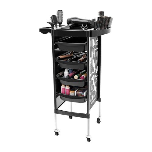 Moderno carrito de salón de 5 niveles con 4 cajones, adecuado para peluquerías, salones de belleza, tiendas de mascotas, edificios de oficinas (ancho x alto): 38 x 88 cm, color negro