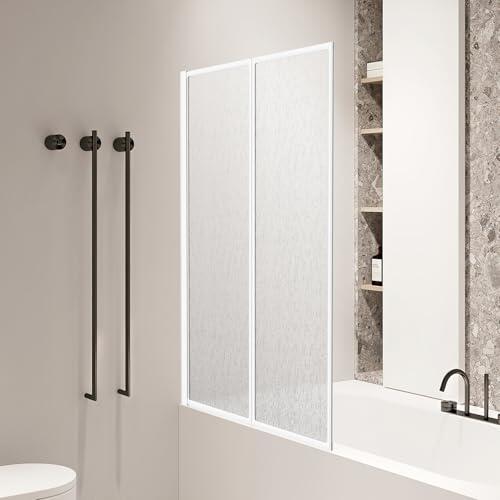 Jaxguom Mampara de ducha para bañera de 100 x 140 cm, mampara de ducha de plástico, plegable, marco de aluminio blanco, izquierda o derecha, con estructura de gota