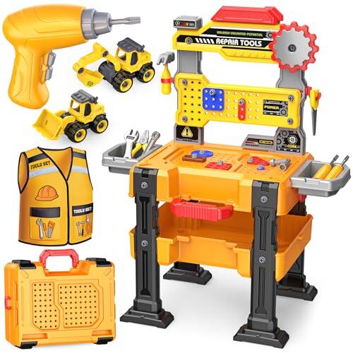 Juguetes para Niños 3 4 5 Años: Banco de Trabajo con Taladro Eléctrico Realista, Vehículos de Construcción Desmontables y Disfraz de Constructor Juguete Educativo STEM, Regalo para Niños de 3 a 5 Años