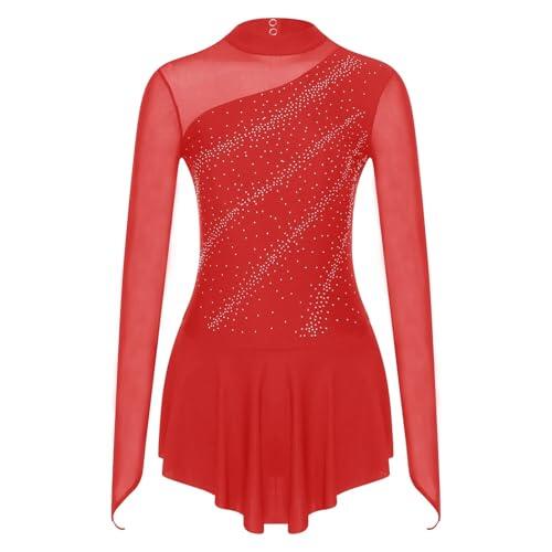 Vestido de Danza artística for Mujer, Ideal for Patinaje artístico, Ballet lírico y Gimnasia. Leotardo Tipo tutú Manga Larga con Malla Brillante pedrería(Red,XL)