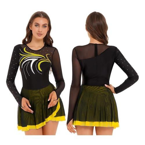 Vestido de Patinaje artístico for Mujer, Manga Larga, tutú Ballet con pedrería, Vestido Danza, Leotardo Gimnasia, Traje for espectáculos(Color 1,L)