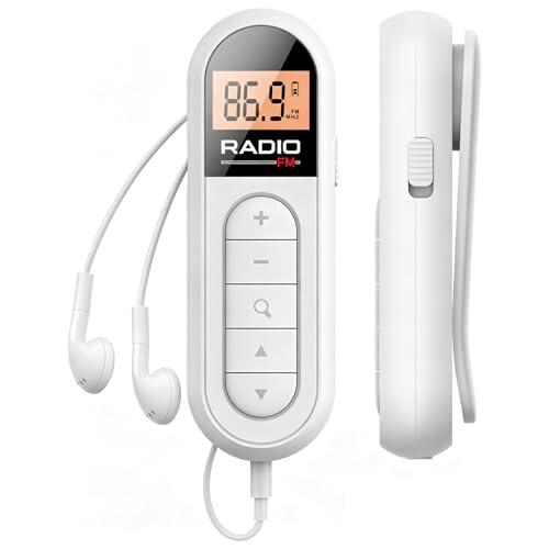 Mini radio FM portátil personal, recargable, con la mejor recepción de mensajes/radiodifusión, auriculares estéreo, pequeñas radios de transistor para deportes, correr, caminar (blanco)