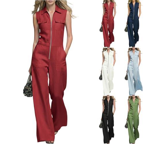 Mono Mujer Sin Mangas Color Liso Cuello De Solapa - Moda Mujer 2026 Mono Calle Cómodos Elegante, Monos con Bolsillo Único Moda Ocasiones Informales Y Profesionales Rojo M