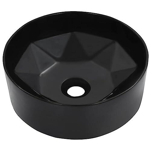 Lavabo de cerámica negro 36 x 14 cm redondo con rebosadero para baño de invitados, moderno lavabo con acabado brillante y fácil limpieza