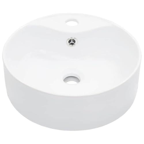 Lavabo con rebosadero de cerámica blanco, 36 x 13 cm, lavabo con orificio para grifo, para baño, invitados, inodoro y lavabo, moderno lavabo con desagüe y protección contra rebosadero