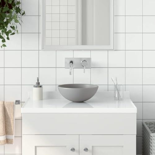 Lavabo de cerámica gris claro redondo con orificio para grifo, 280 mm de diámetro, para baño, invitados, inodoro y lavabo sin rebosadero