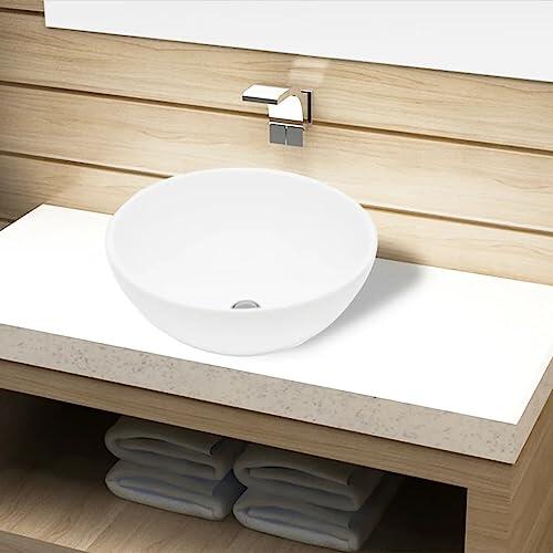 Lavabo redondo de cerámica blanca con orificio de drenaje de 4,5 cm, 325 x 140 mm, lavabo de mano para cuarto de baño, inodoro de invitados, lavabo moderno