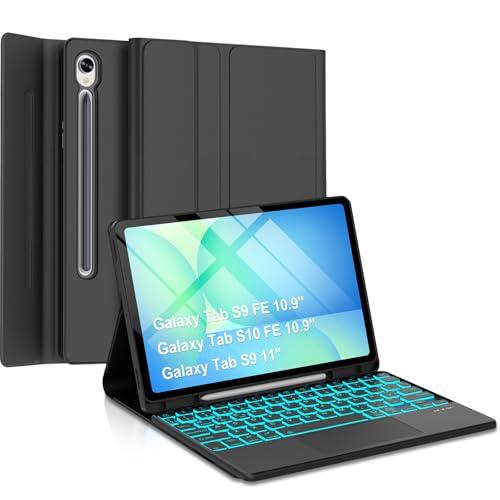 Qivxinnie Funda Teclado para Samsung Galaxy Tab S9 FE 10.9"/S10 FE 10.9"/S9 11", Teclado con Touchpad, QWERTY Español Ñ, Magnético Desmontable Bluetooth Teclado, Retroiluminado de 7 Colores(Negro)