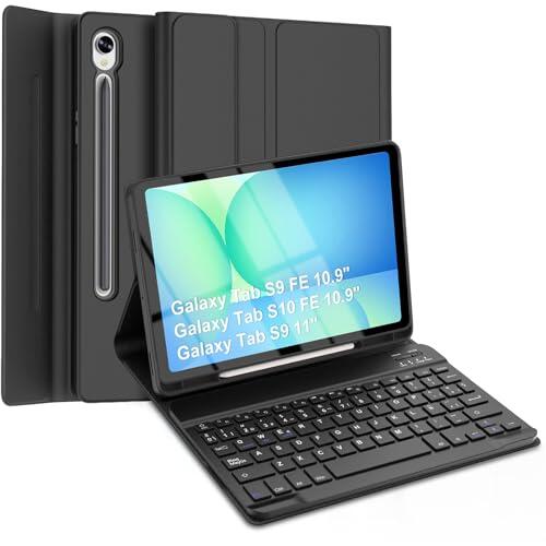 Qivxinnie Funda Teclado para Samsung Galaxy Tab S9 FE 10.9"/S10 FE 10.9"/S9 11", QWERTY Español Ñ, Magnético Desmontable Bluetooth Teclado, Funda con Portalápices(Negro)