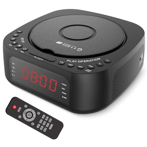 Diyeeni Reproductor de CD Portátil, Reloj Despertador de Escritorio con Bluetooth, Carga USB, Pantalla Regulable, Control Remoto para Dormitorio (Enchufe de la UE)